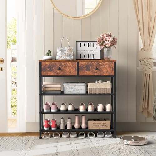 4 Tier Shoe Rack Organizer for 9-12 Pairs of Shoes, with Drawers, Fabric Shelves, and Wooden Top - Rustic Brown