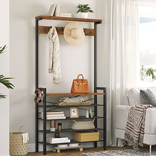 Industrial Coat and Shoe Rack with Bench for Entryway, 5 Hooks, Rustic Brown