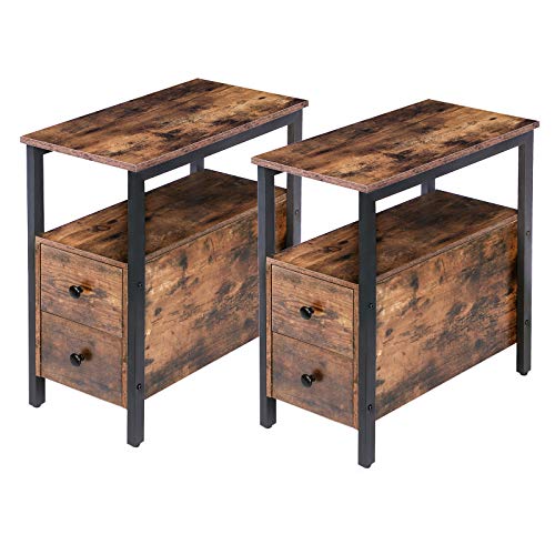 Set of 2 Narrow Nightstand End Tables for Small Spaces, Living Room, Bedroom - Rustic Brown and Black