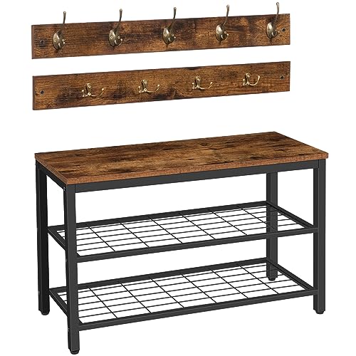Entryway Hall Tree Coat Rack and Shoe Bench Set for Foyer or Front Door