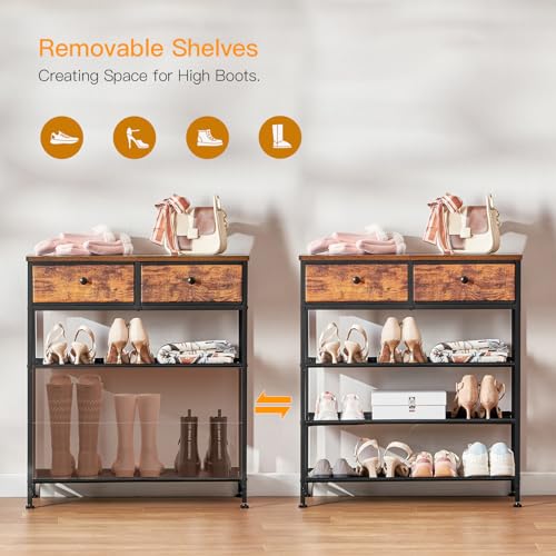 4 Tier Shoe Rack Organizer for 9-12 Pairs of Shoes, with Drawers, Fabric Shelves, and Wooden Top - Rustic Brown