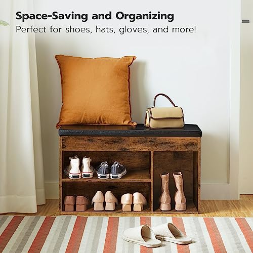 Rustic Brown Shoe Storage Bench with Hidden Compartment and Padded Cushion for Entryway and Living Room