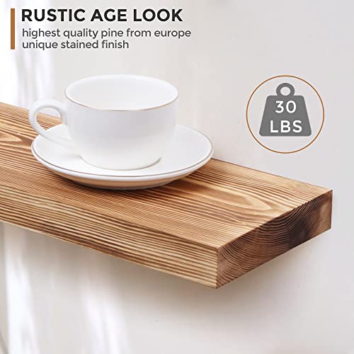 Rustic Wooden Floating Shelves Set of 2 - 16 - Ideal for Kitchen, Bathroom, Living Room, Bedroom - European Pine - Carbonized Finish