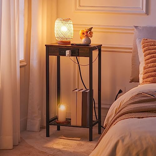 BARC CABIN Tall Side Table with Charging Station for Living Room, Bedroom, Office