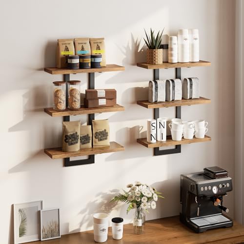 2-Pack Floating 3-Tier Wall Shelves for Bathroom, Living Room, Bedroom, Kitchen - Rustic Brown/Black