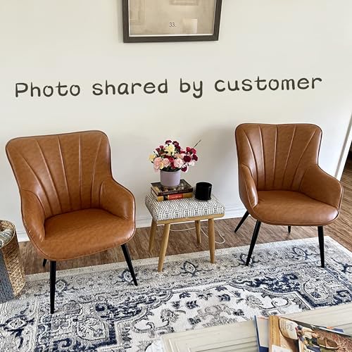 HORIZON LINGUISTICS Mid-Century Modern Brown Faux Leather Accent Chairs with Metal Legs